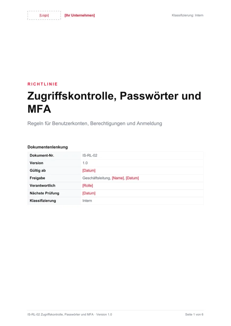 Seite 1 von IS-RL-02 Zugriffskontrolle, Passwörter und MFA, aus der Word-Datei exportiert