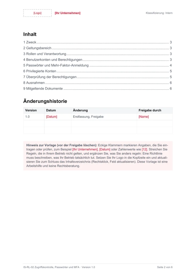 Seite 2 von IS-RL-02 Zugriffskontrolle, Passwörter und MFA, aus der Word-Datei exportiert