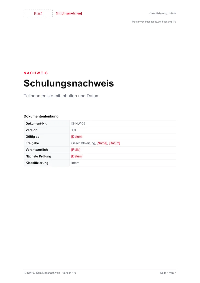 Seite 1 des Musters Schulungsnachweis, aus der Word-Datei exportiert
